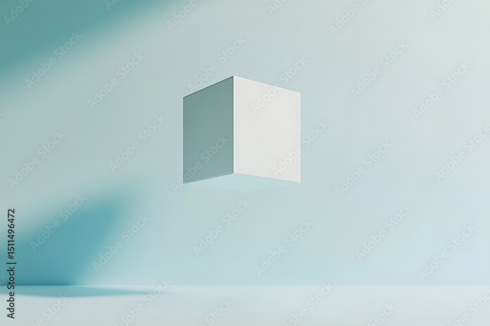 Poster white cube floating in a light blue studio space with soft shadows and pastel tones