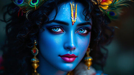 A hyper-realistic digital portrait of a load krishna with glowing blue skin and piercing blue eyes. His expression is serene and mystical, with gentle tears on her cheeks 