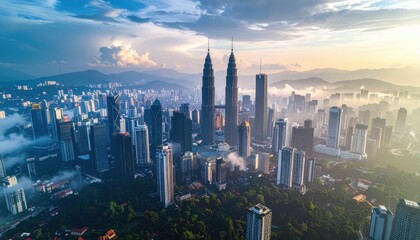 Obraz premium Aerial View of Kuala Lumpur's Modern Skyline at Sunset