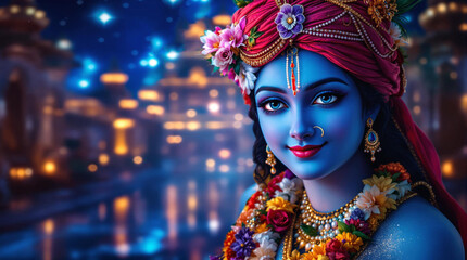 A divine, serene portrait of Lord Krishna in traditional Indian attire, with blue skin, a gentle smile, adorned with a vibrant floral garland and pearl jewelry.