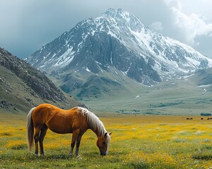 Majestic mountain landscape with grazing horses in lush meadow