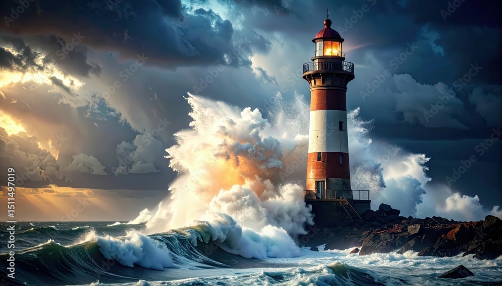 Poster stormy seas and lighthouse with collapsing waves at coastline