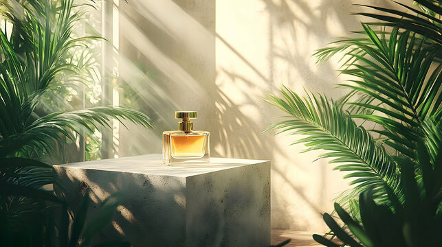 Amber perfume bottle displayed on a light gray cube amidst lush greenery.