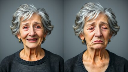 Emotional Contrast: Elderly Woman's Joy and Sorrow Captured in Diptych
Concept: Emotions, contrast, humanity