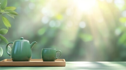 Serene Tea Time: Green Tea Set Against a Lush, Sunny Backdrop