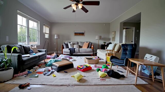 A messy and tidy living room with all kinds of things scattered on the floor. Lots of clutter.