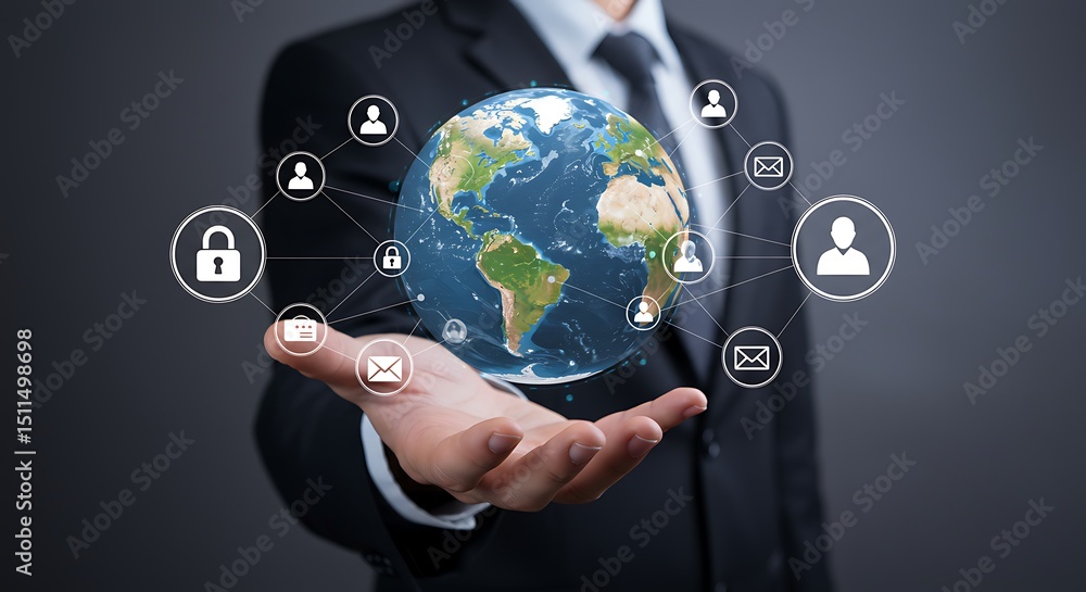 Poster businessman presenting a digital globe with connected icons representing global networking