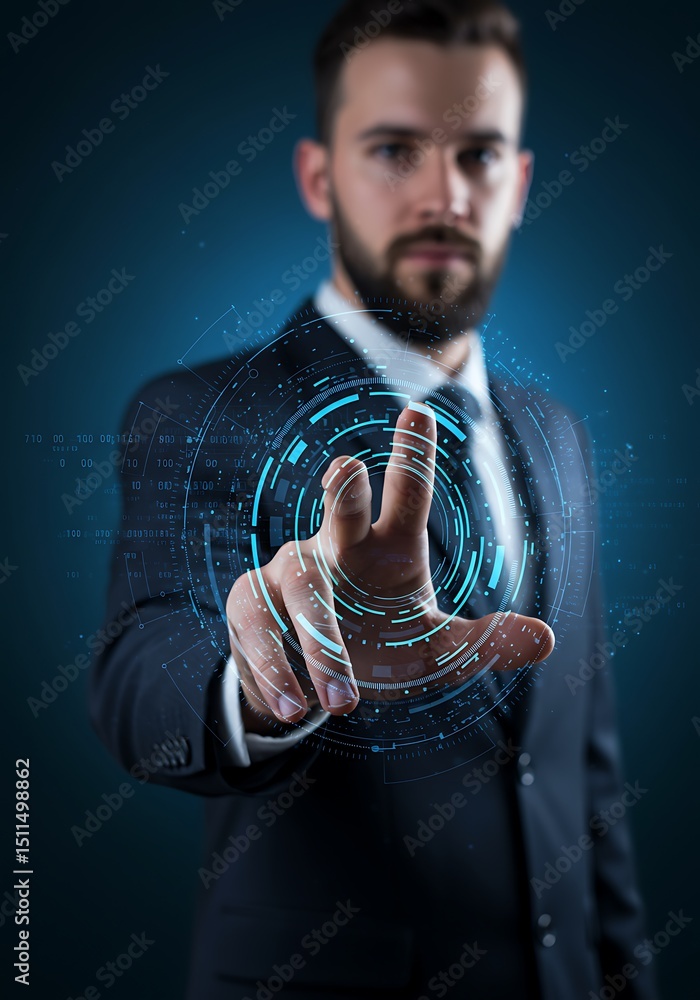 Poster businessman interacting with futuristic digital interface exploring technology and innovation concep