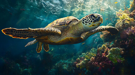 Fototapeta premium Sea turtle swimming amidst vibrant coral reef.