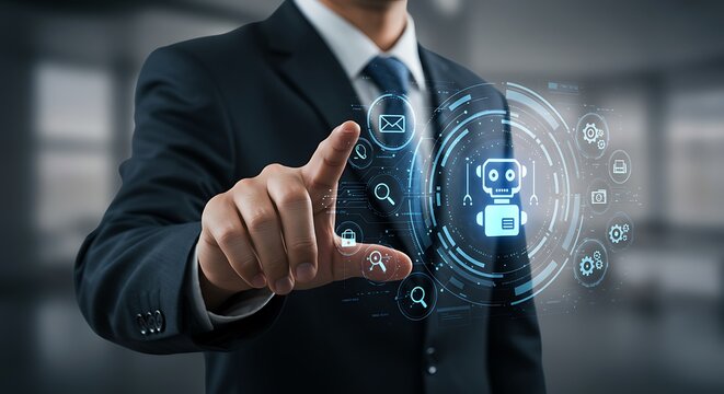 Businessman interacting with futuristic ai robot interface showing artificial intelligence technology