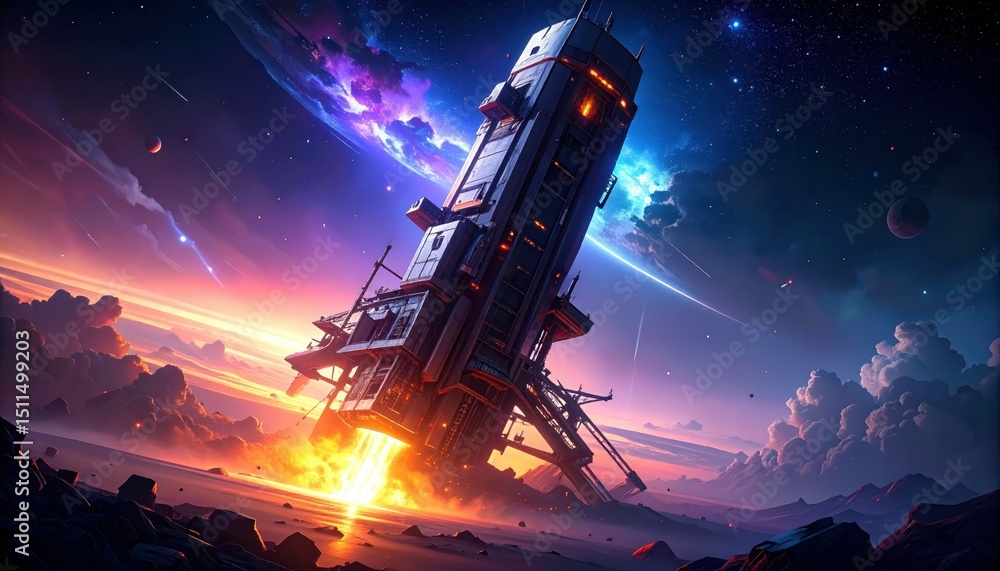Poster futuristic orbital elevator collapsing in space with tragic vibes