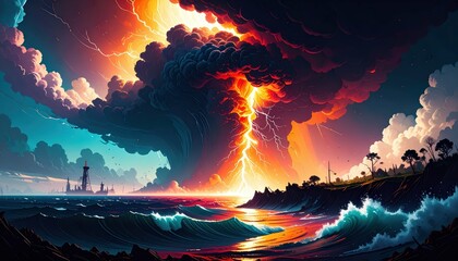 Ominous Atmosphere with Lightning Over Ocean and Dark Clouds