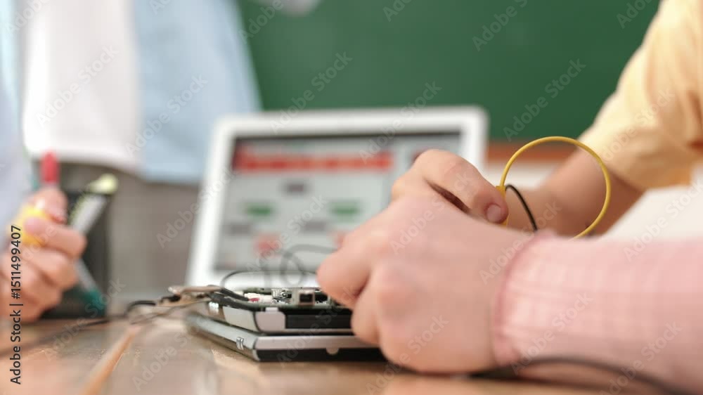 Poster closeup of student hands fixing main board while teacher teach engineering prompt and generated ai s