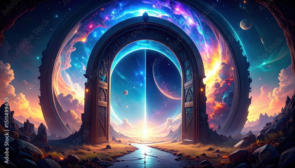 Poster surreal portal to collapsing parallel universe with alternate reality scene
