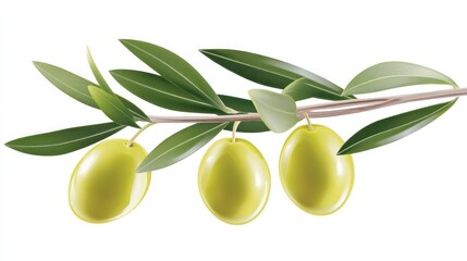 Three Green Olives on a Branch with Lush Leaves: A Vibrant Image of Nature's Bounty