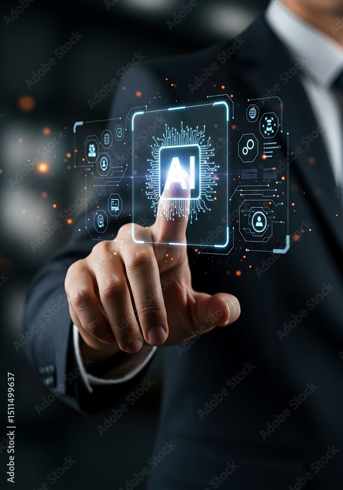 Poster businessman interacting with artificial intelligence represented on a digital interface