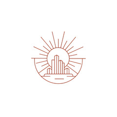   Heatwave Sun Outline Vector Icon with Radiating Lines Over City Skyline – Monoline Style on Pale Background