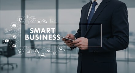 Businessman in suit holding tablet with smart business technology interface overlay