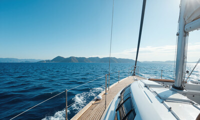 Fototapeta premium Sailing Adventure on a Blue Ocean with Gentle Breeze A tranquil sailing adventure on a blue ocean, the sailboat gliding smoothly across