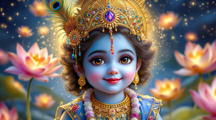 Ultra-detailed fantasy painting of a divine child Lord Krishna with a soft blue complexion, large expressive eyes, and a sweet, enchanting smile.
