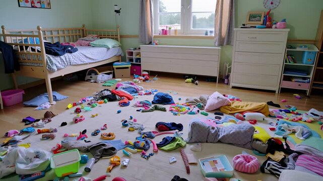 A messy kids room with all kinds of things scattered on the floor. Lots of clutter.