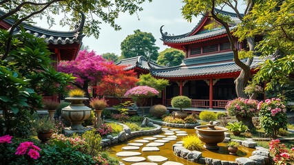 Fototapeta premium Vibrant Asian Garden - AI Photorealistic Landscape