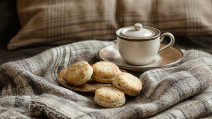 Cozy tea time setup with blanket and biscuits