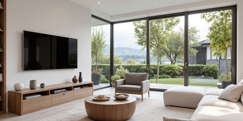 Obraz premium Living room interior modern spacious living area with large windows sofa and tv