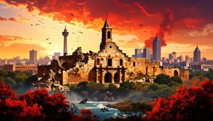 Obraz premium Tragic Collapse of Historical Landmark in San Antonio at Sunset