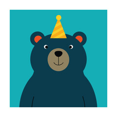 Cute cartoon bear celebrating a birthday wearing a festive party hat against a blue backdrop