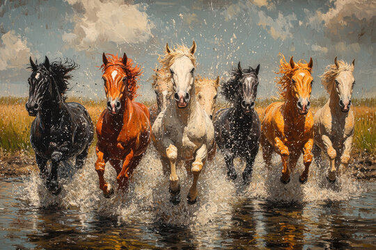 Horses galloping through a river in a painting.