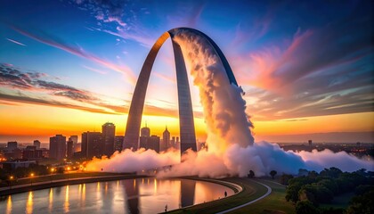 Dramatic Sunset Over Gateway Arch with Fog and City Skyline