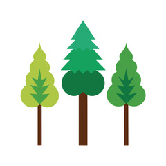 Simple illustration featuring three stylized green trees on a white background for design
