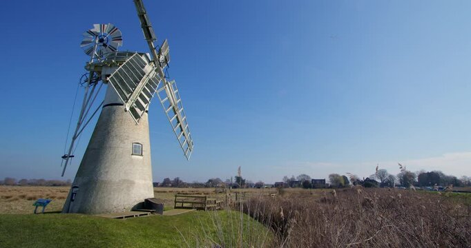 Left of frame Side Wide shot of Thurne mill, on the river Thurne,
