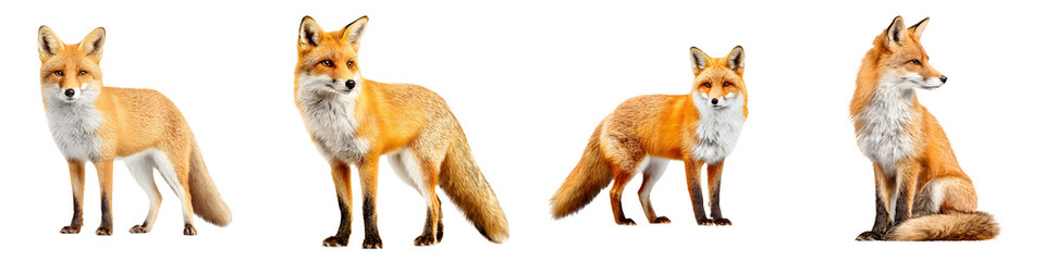 Fototapeta premium Vibrant foxes in various poses with lush orange fur showcasing their playful and majestic nature, perfect for wildlife-themed projects, wallpapers, or educational materials