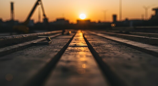 Sunrise view along wooden planks leading into the distance, with a blurred cityscape and construction equipment silhouette against the golden sky.