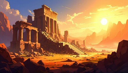 Mesopotamian City Ruins Under Sunset in a Distant Landscape