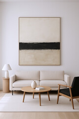 Minimalist Living Room with Neutral Sofa, Wooden Furniture, Large Abstract Wall Art, and Contemporary Decor in Bright Modern Interior