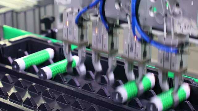 Advanced technology mass production line, power and energy for electric vehicles, industrial automation new battery production line is in action, with new cells on the conveyor belt and machinery