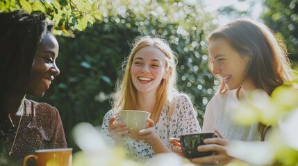 Friends enjoying tea time in a sunny garden