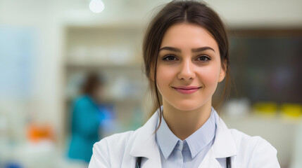 A confident young female doctor smiling in a white coat, embodying professionalism and trust in healthcare.