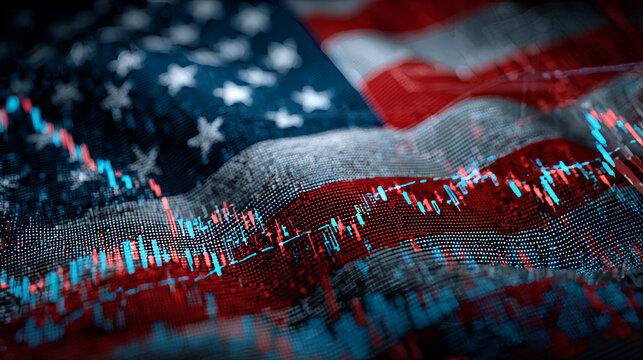 Data visualization technology overlays on American flag, blending finance and patriotism at a digital art exhibition
