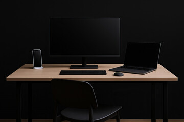 Fototapeta premium Modern Minimalist Workspace with Desktop Monitor, Laptop, Smartphone, and Wooden Desk in Stylish Black Interior – Contemporary Office Setup