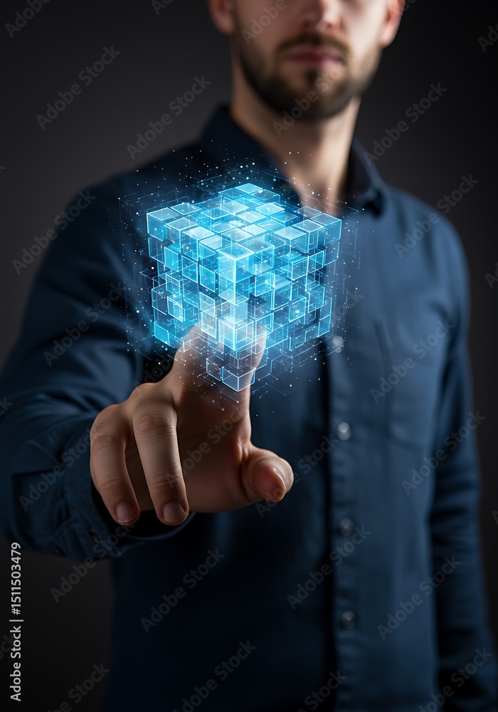 Poster man interacting with digital 3d cube representing innovation technology and connectivity