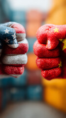 Fists decorated with American and Chinese flags showcase rivalry in a shipping yard setting