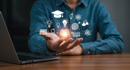 Man holding education icons representing knowledge learning ideas and digital technology