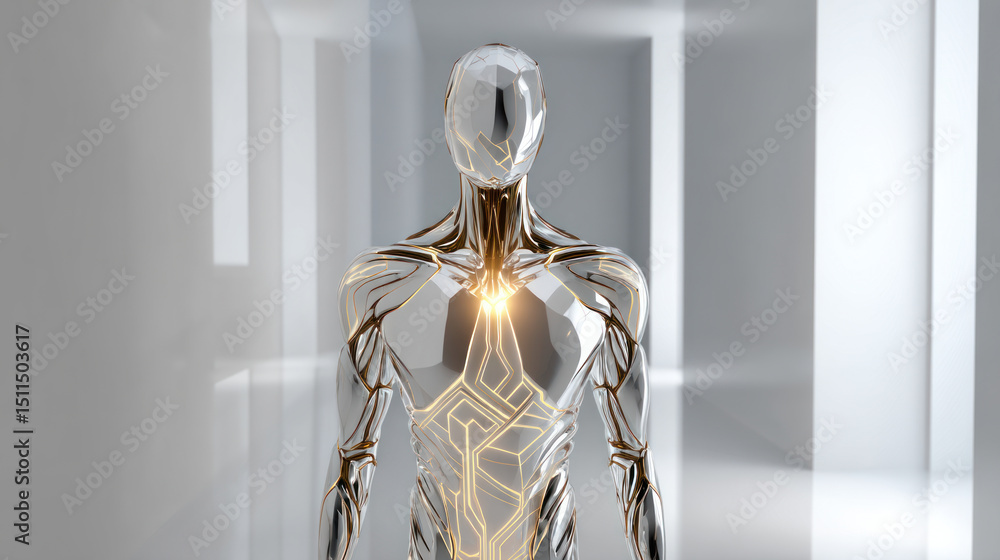 Poster sleek humanoid robot with glowing circuits and clean, sharp design, set in a modern, minimal space. 
