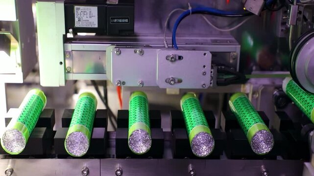 Industrial automation new electric battery production line is in action, with new cells on the conveyor belt and machinery working around them.
