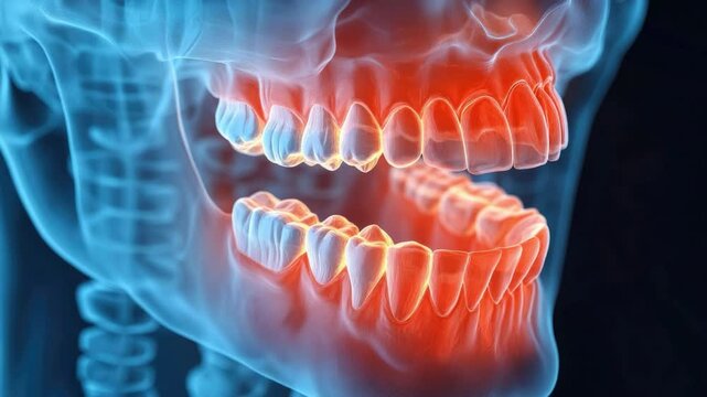 Detailed X-ray View of Human Jaws and Teeth, Highlighting Dental Anatomy and Structures in Vibrant Colors 4k video footage