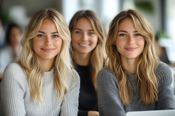 Three cheerful sisters with blonde hair smiling together in a cozy setting